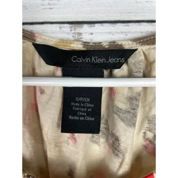 Calvin Klein Babydoll Y2K Top Small Short Sleeves Floral Multicolor Cream 2000s - Picture 2 of 6